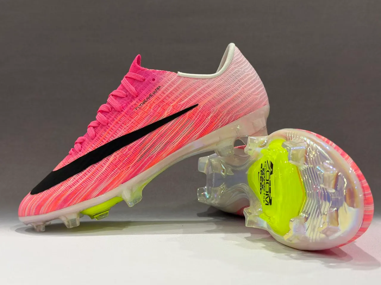 Nike Pink Yellow Flyweave Knit Upper Transparent Outsole Firm-Ground Soccer Shoes 5