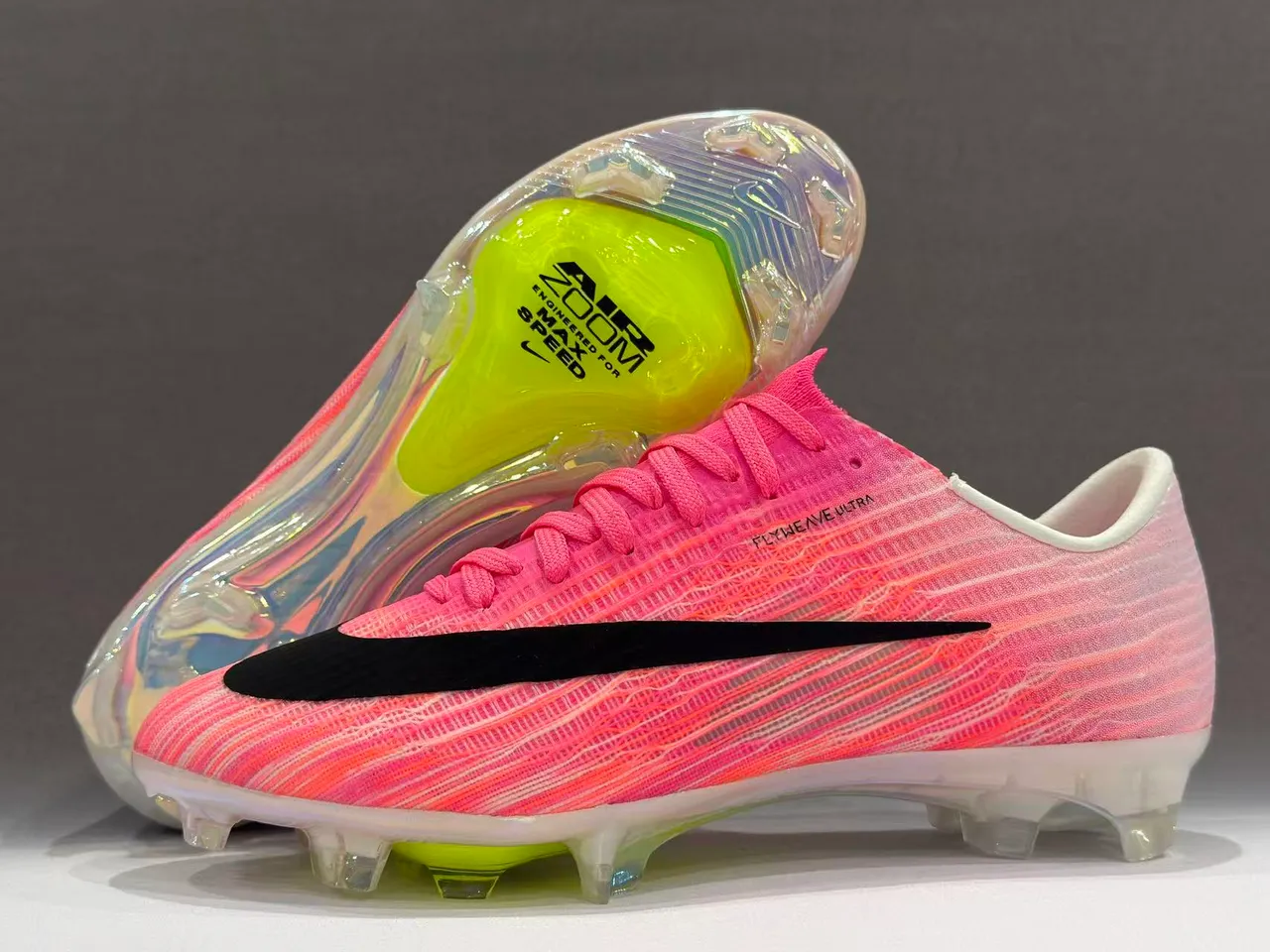 Nike Pink Yellow Flyweave Knit Upper Transparent Outsole Firm-Ground Soccer Shoes 7