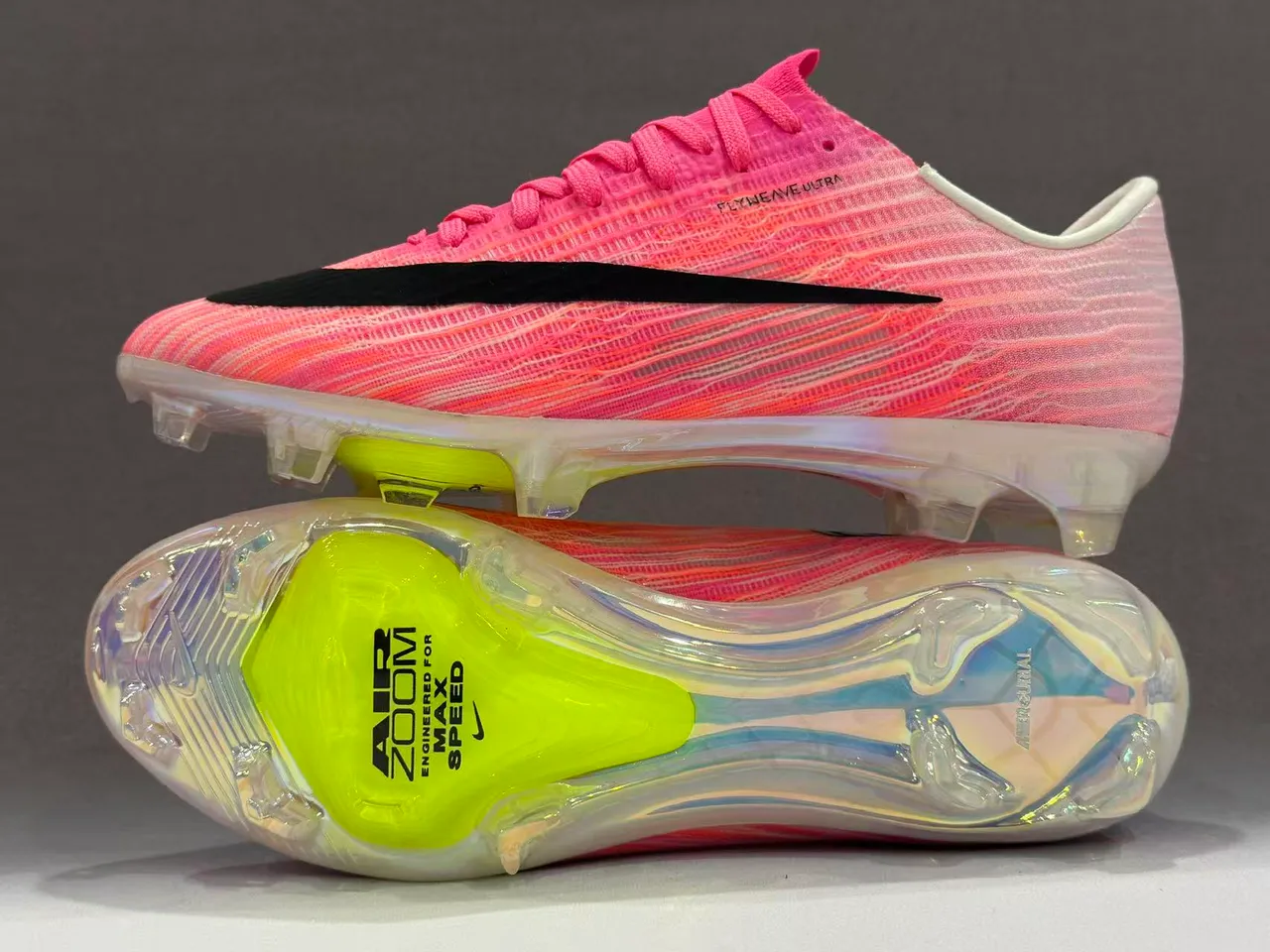 Nike Pink Yellow Flyweave Knit Upper Transparent Outsole Firm-Ground Soccer Shoes 8