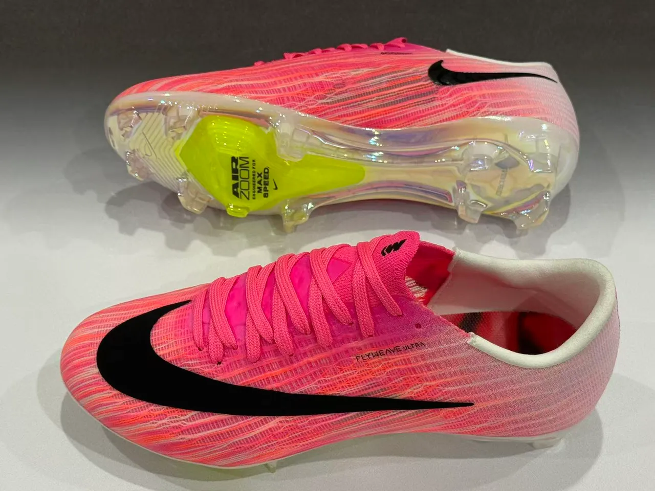 Nike Pink Yellow Flyweave Knit Upper Transparent Outsole Firm-Ground Soccer Shoes 10