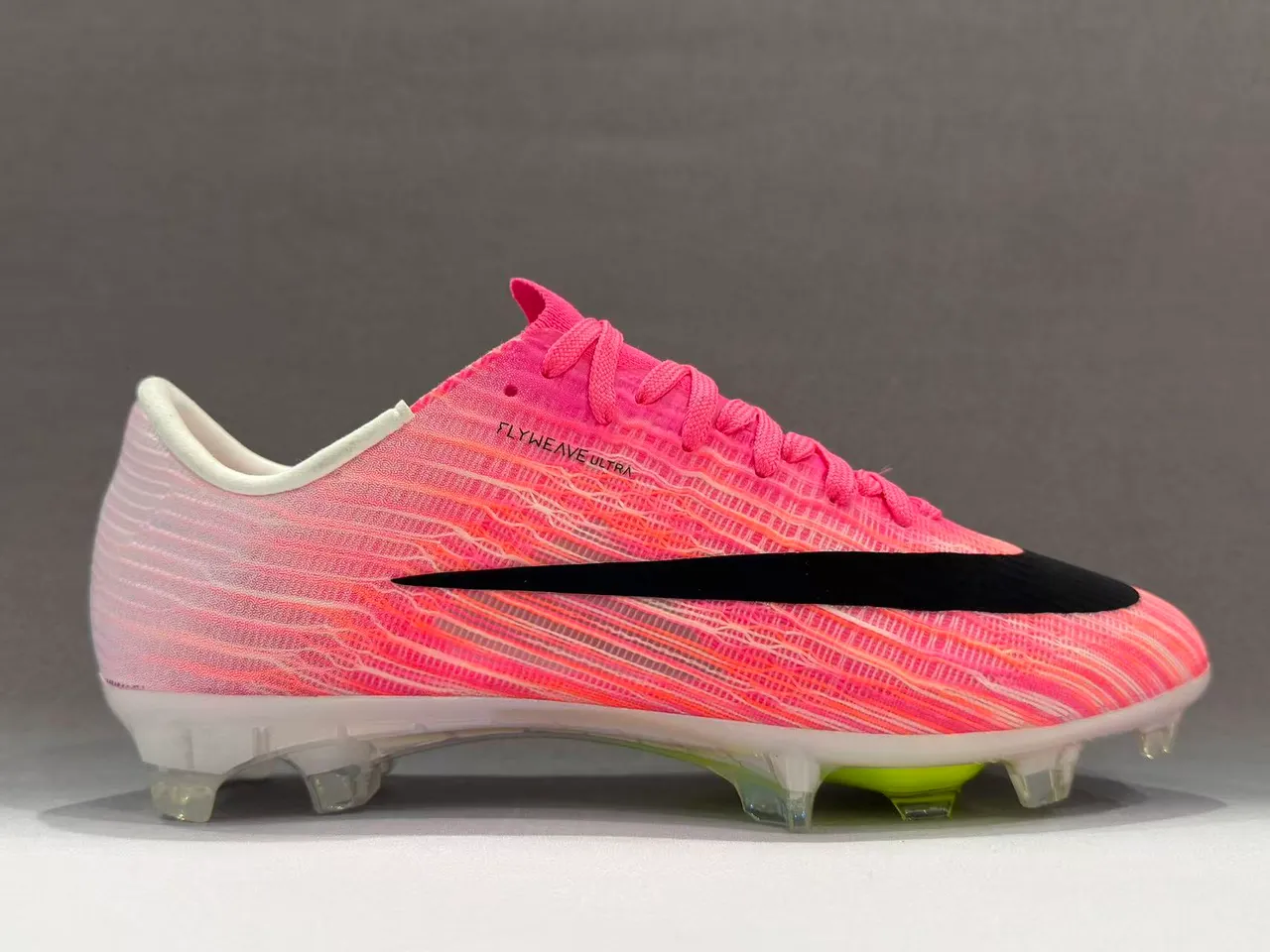 Nike Pink Yellow Flyweave Knit Upper Transparent Outsole Firm-Ground Soccer Shoes 13