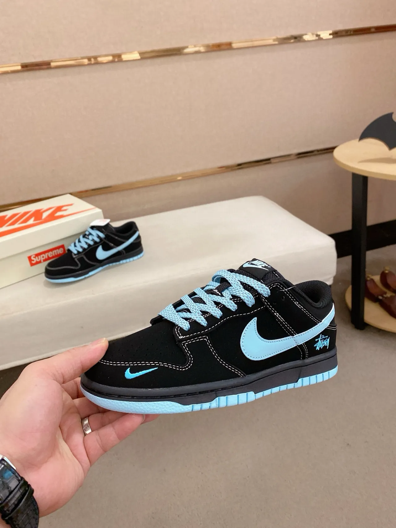 Nike SB Dunk Low Noir Bleu Clair Stussy Chaussures de skateboard 3