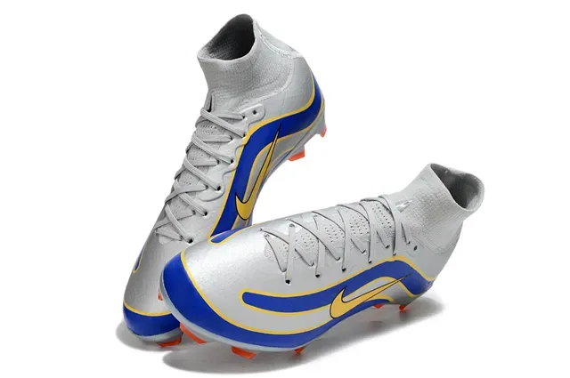 Nike Silver Blue High-Cut Sock-Fit Collar Wave-Patterned Synthetic Upper Firm-Ground Soccer Shoes 2