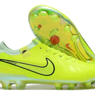 Nike Tiempo Yellow Green Neon Leather-Like Upper Textured Ridge Detailing Firm-Ground Soccer Shoes
