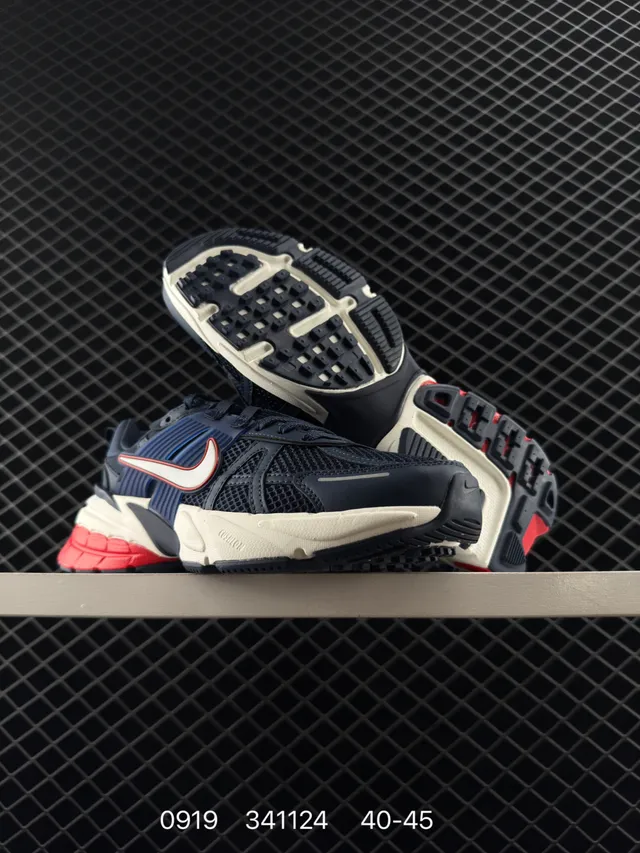 Nike V2K RUN Navy Red Layered Synthetic Cage Wave-Shaped Midsole Chunky Sneakers 6