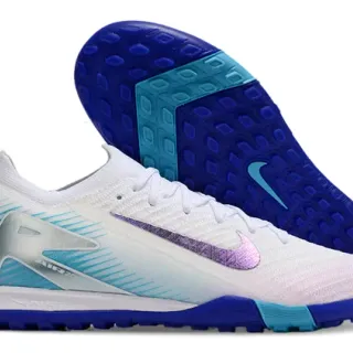 Nike White Blue Knit Upper Asymmetrical Lacing Turf Soccer Shoes