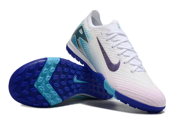 Nike Zapatillas de fútbol Turf blanco y azul superior knit cordones asimétricos 2