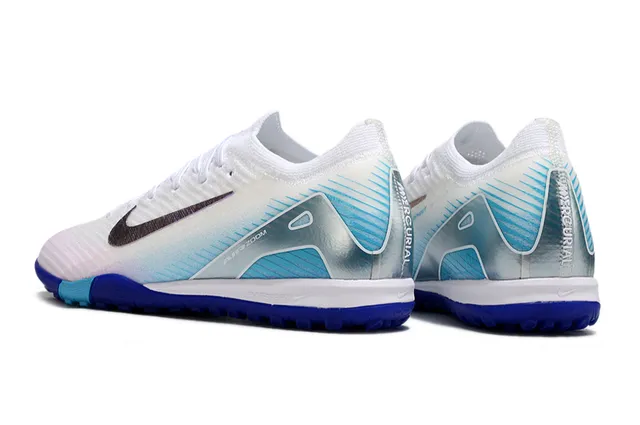 Nike Zapatillas de fútbol Turf blanco y azul superior knit cordones asimétricos 4