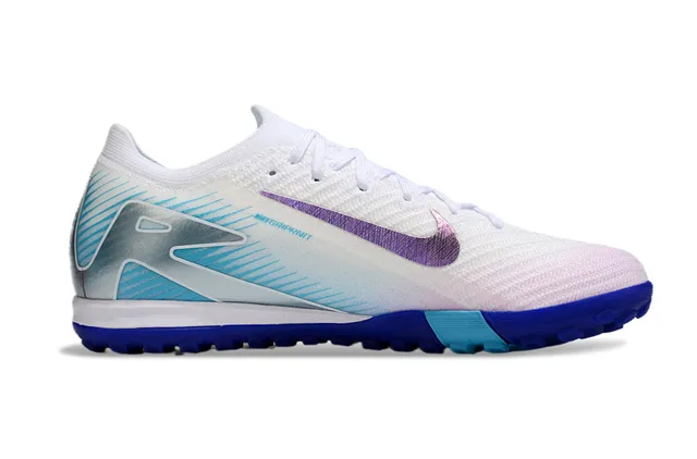 Nike Zapatillas de fútbol Turf blanco y azul superior knit cordones asimétricos 5