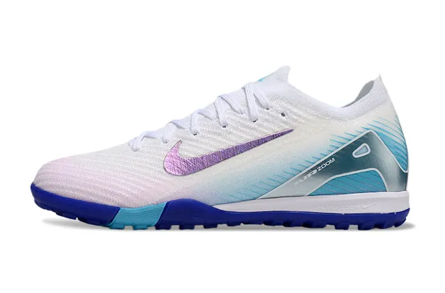 Nike Zapatillas de fútbol Turf blanco y azul superior knit cordones asimétricos 6