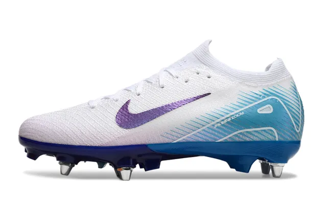 Nike White Blue Knit Upper Iridescent Purple Swoosh Firm-Ground Soccer Shoes 8