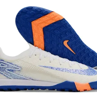 Nike White Blue Knit Upper Synthetic Overlays Turf Soccer Shoes
