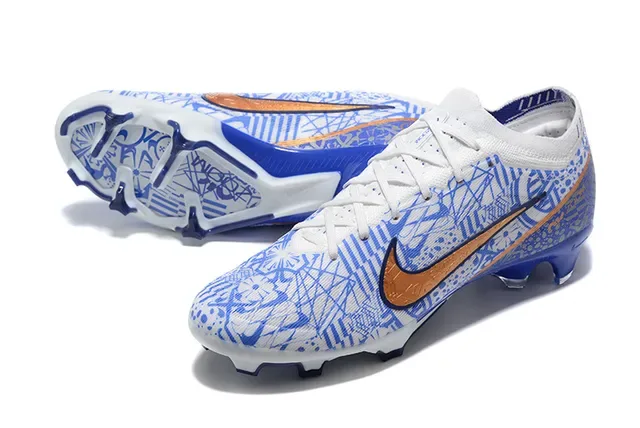 Nike Chaussures de Football Blanc Bleu Bas Haut en Tricot Impression de Ligne Géométrique Terre Firme 7