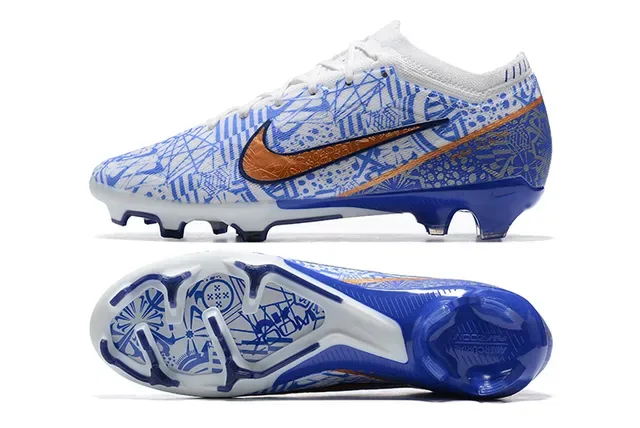 Nike Chaussures de Football Blanc Bleu Bas Haut en Tricot Impression de Ligne Géométrique Terre Firme 9
