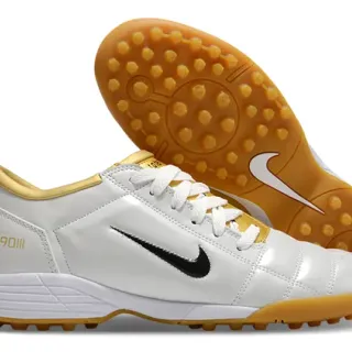 Nike White Gold Quilted Leather Upper Collar Artificial-Grass Soccer Shoes