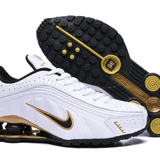 Nike White Gold Shox Column Cushioning Perforated Synthetic Upper Lifestyle Sneakers