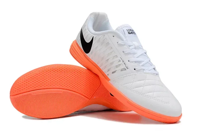 Nike White Orange Quilted Toe Cap Hyperfuse Mesh Panels Indoor Soccer Shoes 7