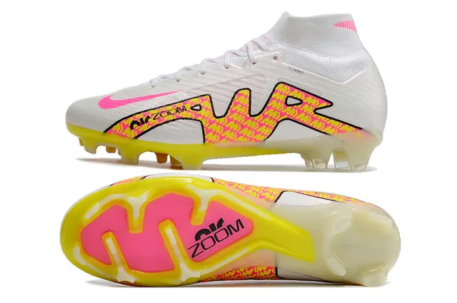 Nike blanc rose coupe haute Flyknit Collar Neon Graphic Cage Firm-Ground chaussures de football 9