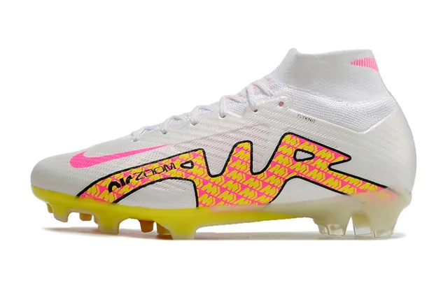 Nike blanc rose coupe haute Flyknit Collar Neon Graphic Cage Firm-Ground chaussures de football 12