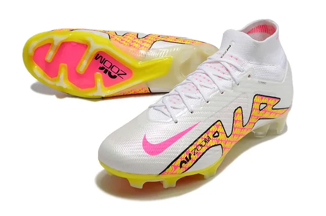 Nike blanc rose coupe haute Flyknit Collar Neon Graphic Cage Firm-Ground chaussures de football 13
