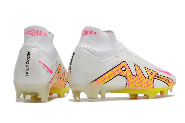Nike blanc rose coupe haute Flyknit Collar Neon Graphic Cage Firm-Ground chaussures de football 14