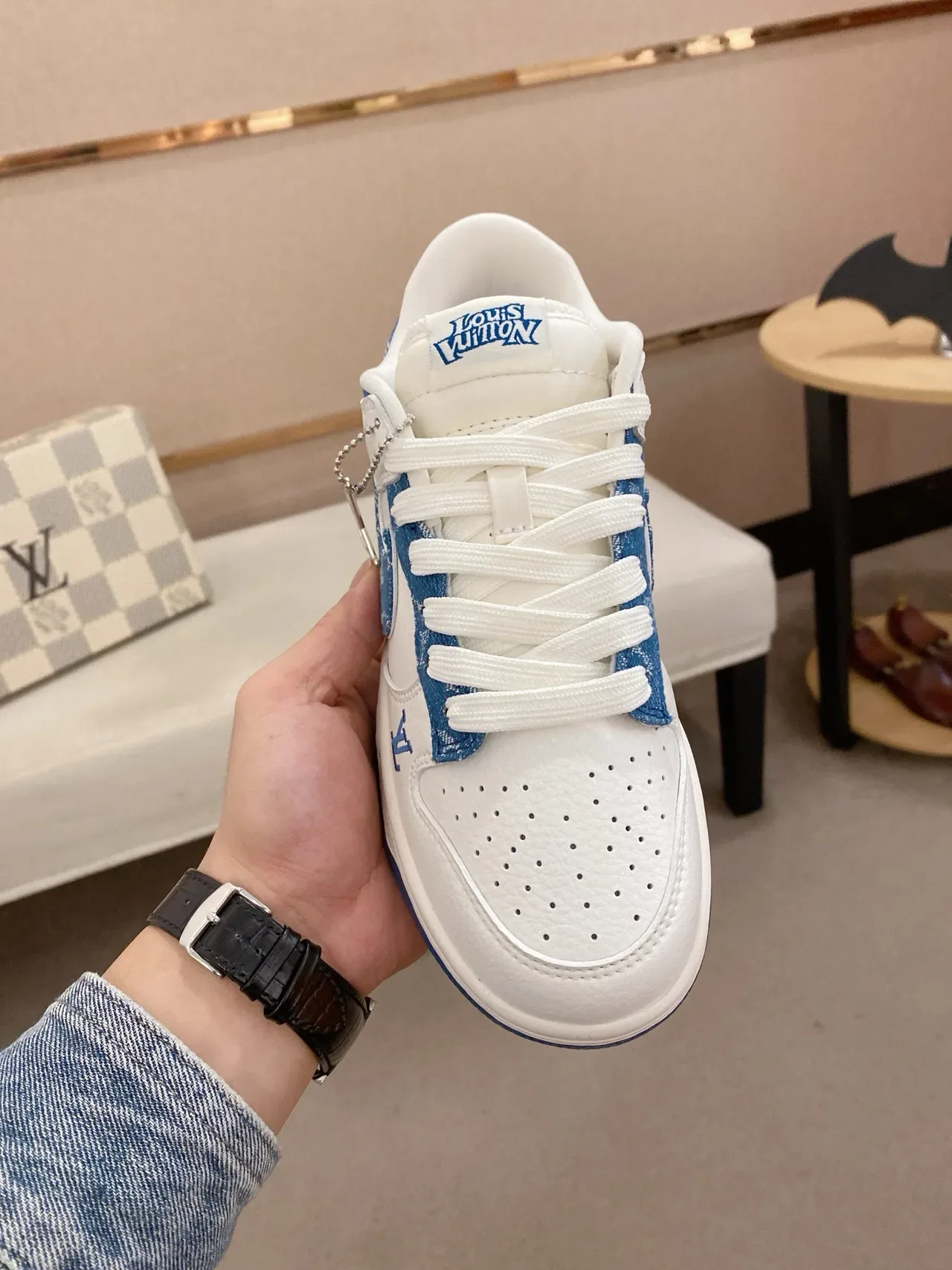 Nike x Louis Vuitton Dunk Low White and Blue Monogram Lifestyle Sneakers 2