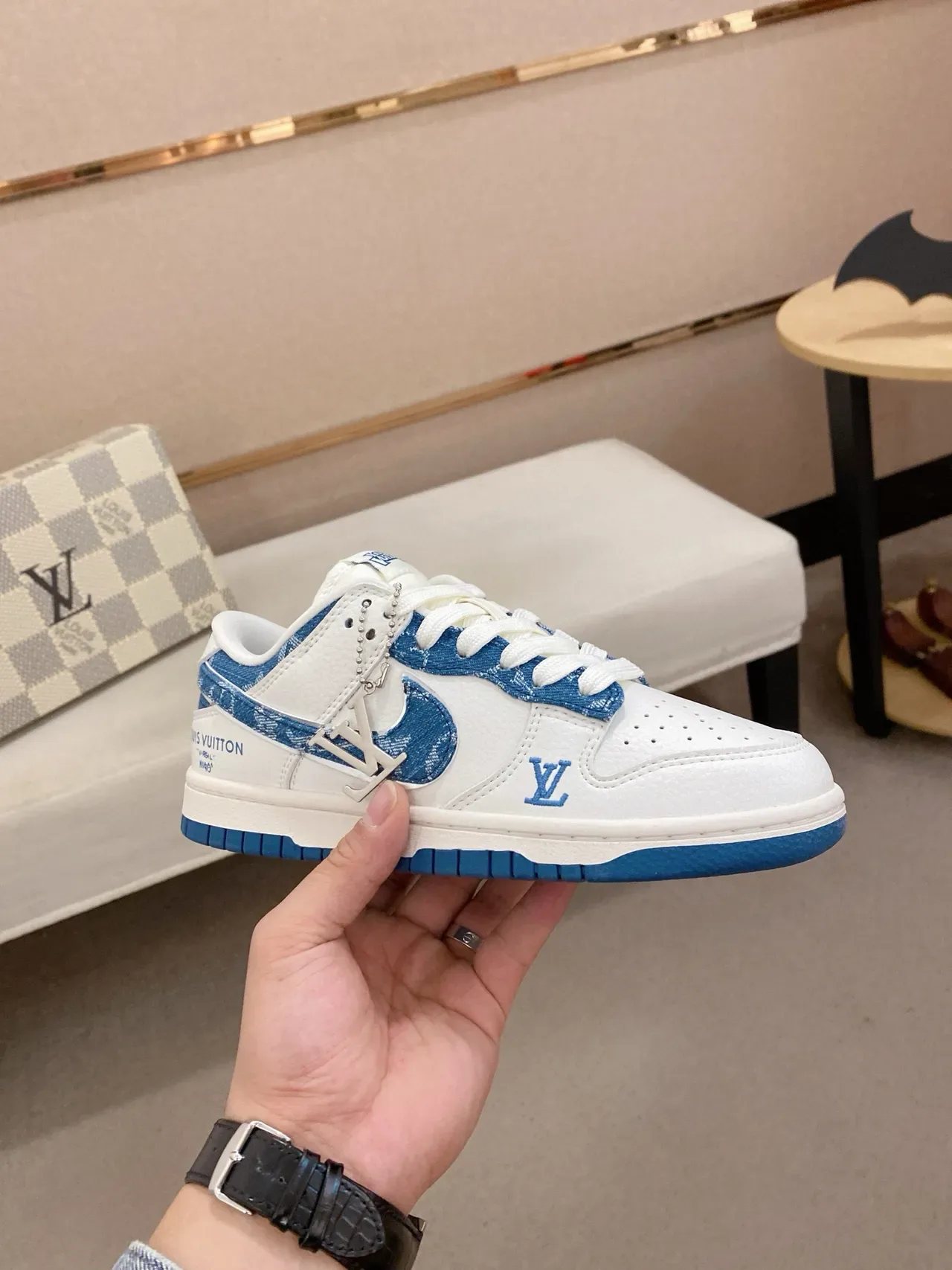 Nike x Louis Vuitton Dunk Low White and Blue Monogram Lifestyle Sneakers 4