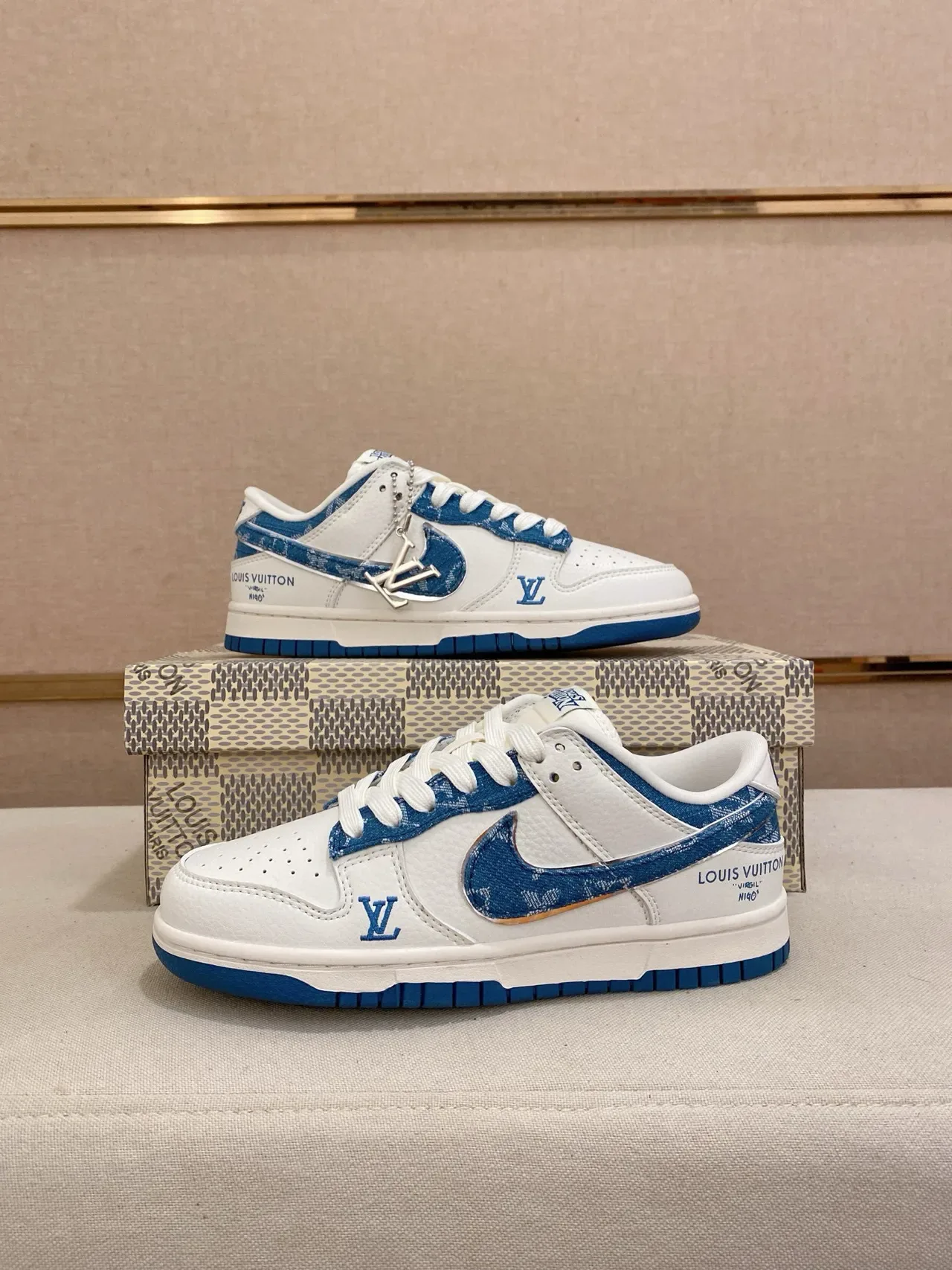 Nike x Louis Vuitton Dunk Low White and Blue Monogram Lifestyle Sneakers 6