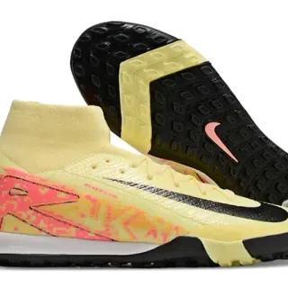 Nike Yellow Pink Flyknit Upper High-Top Sock Collar Turf Soccer Shoes
