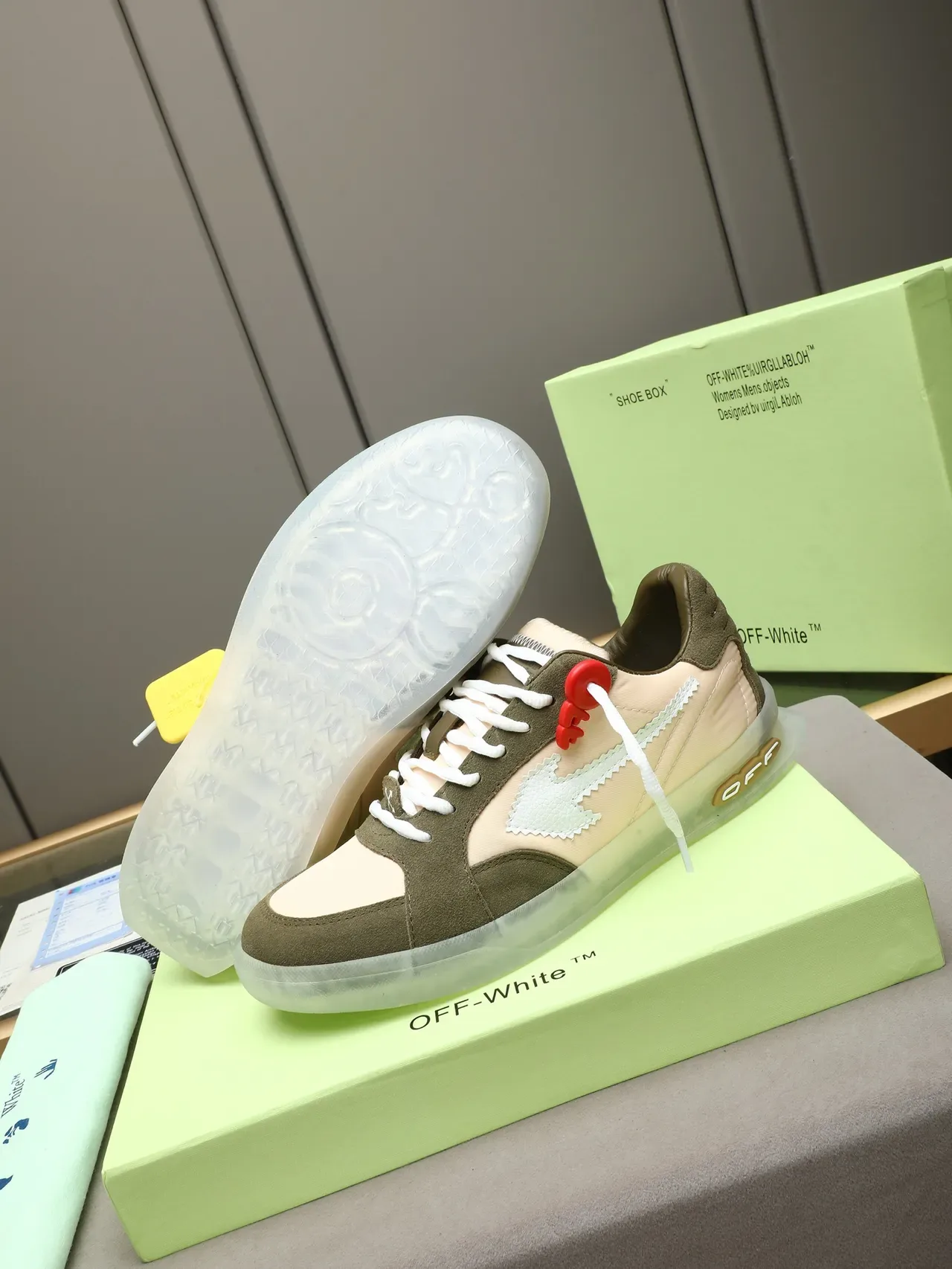 Off-White Army Green Beige Deconstructed Paneling Industrial Zip-Tie Laces Lifestyle Sneakers 5