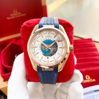 Omega Seamaster Aqua Terra Worldtimer Rose Gold White Dial Blue Strap Mechanical Watch