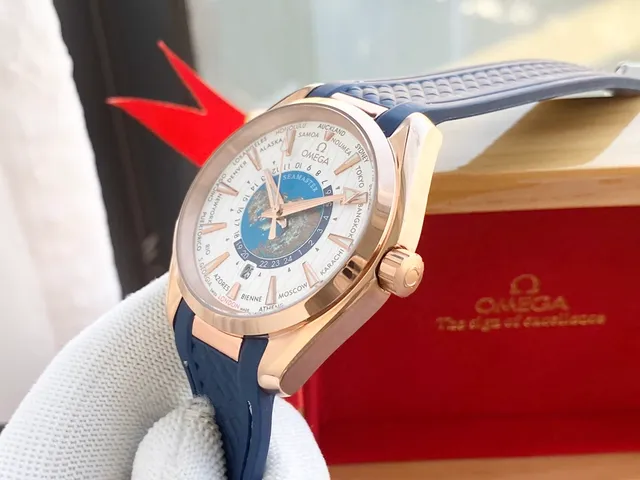 Omega Seamaster Aqua Terra Worldtimer Rose Gold White Dial Blue Strap Mechanical Watch 4