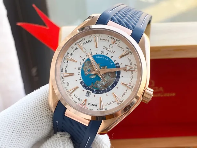 Omega Seamaster Aqua Terra Worldtimer Rose Gold White Dial Blue Strap Mechanical Watch 5