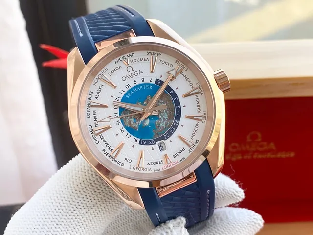 Omega Seamaster Aqua Terra Worldtimer Rose Gold White Dial Blue Strap Mechanical Watch 6