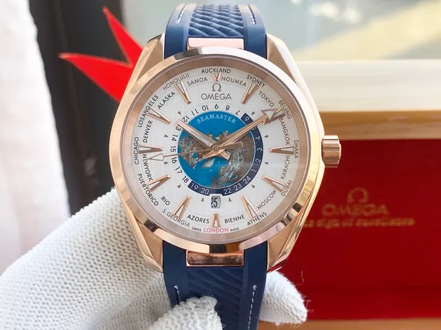 Omega Seamaster Aqua Terra Worldtimer Rose Gold White Dial Blue Strap Mechanical Watch 7