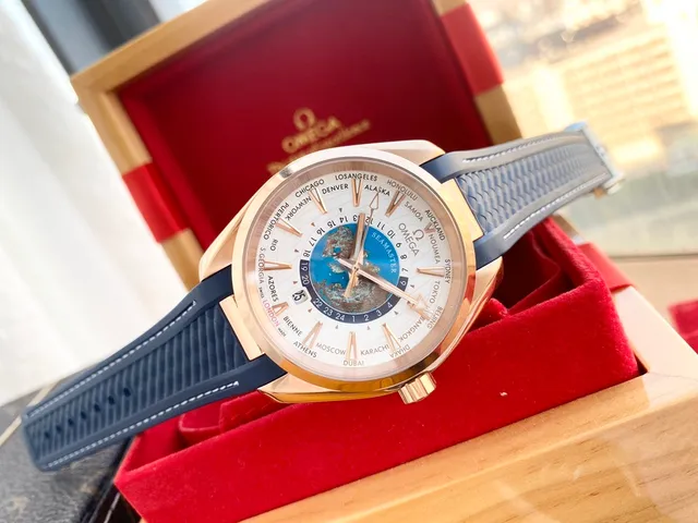 Omega Seamaster Aqua Terra Worldtimer Rose Gold White Dial Blue Strap Mechanical Watch 8
