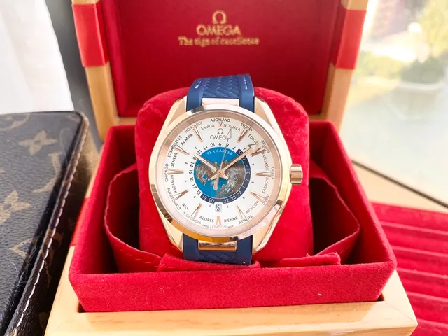 Omega Seamaster Aqua Terra Worldtimer Rose Gold White Dial Blue Strap Mechanical Watch 9