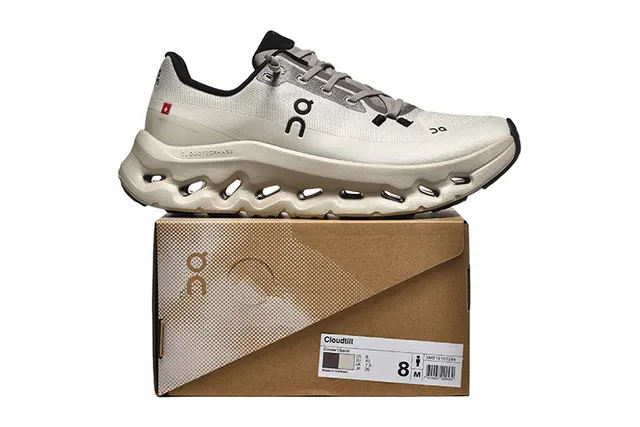 On Beige Black Engineered Mesh Upper Open Hexagonal CloudTec Pods Running Shoes 5