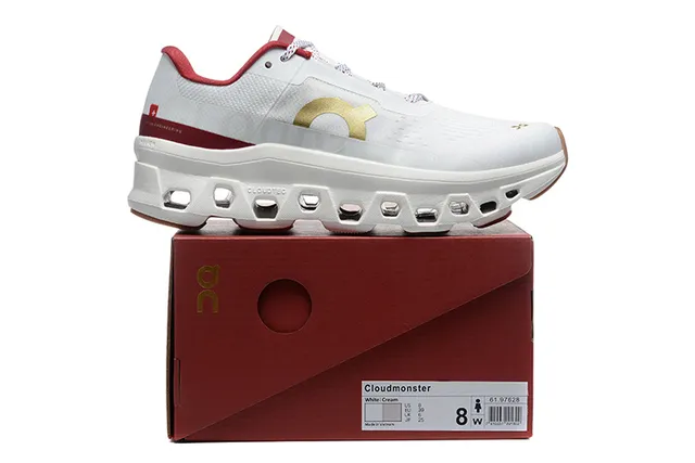 On Cloudmonster White Maroon Gold Running Shoes 2
