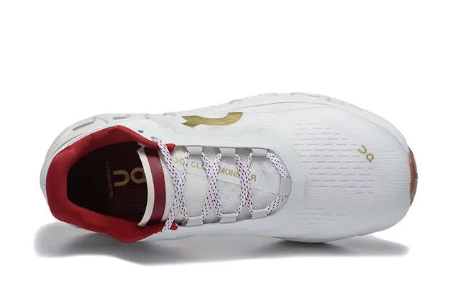 On Cloudmonster White Maroon Gold Running Shoes 3