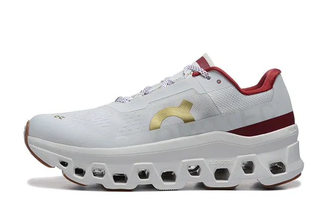 On Cloudmonster White Maroon Gold Running Shoes 5