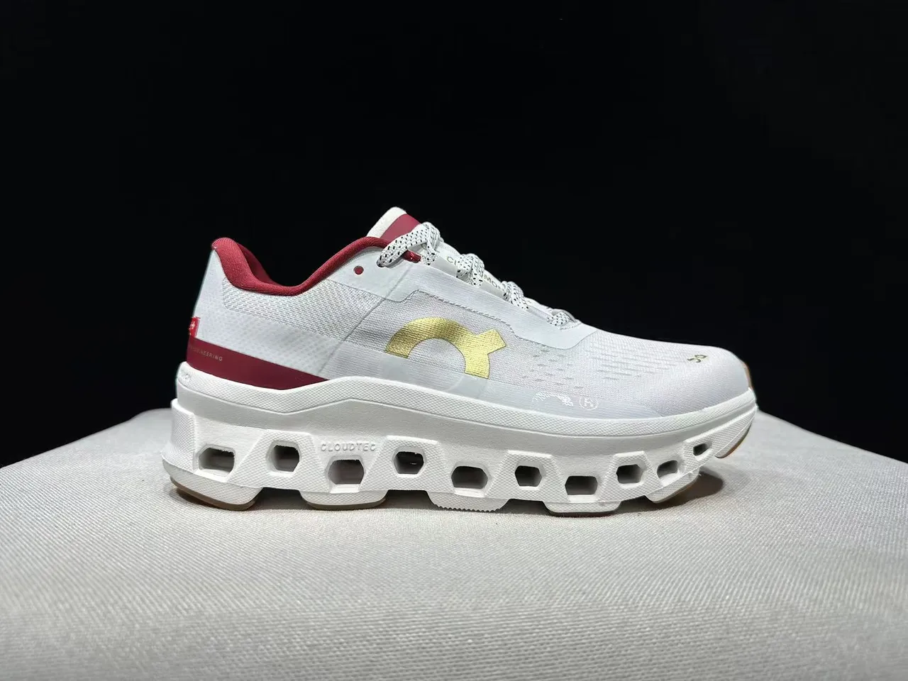 On Cloudmonster White Maroon Gold Running Shoes 6