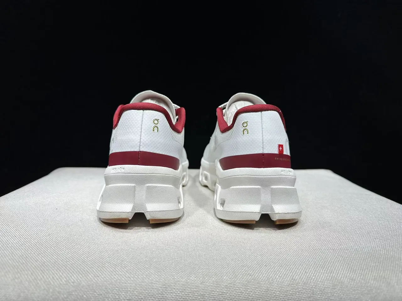 On Cloudmonster White Maroon Gold Running Shoes 7