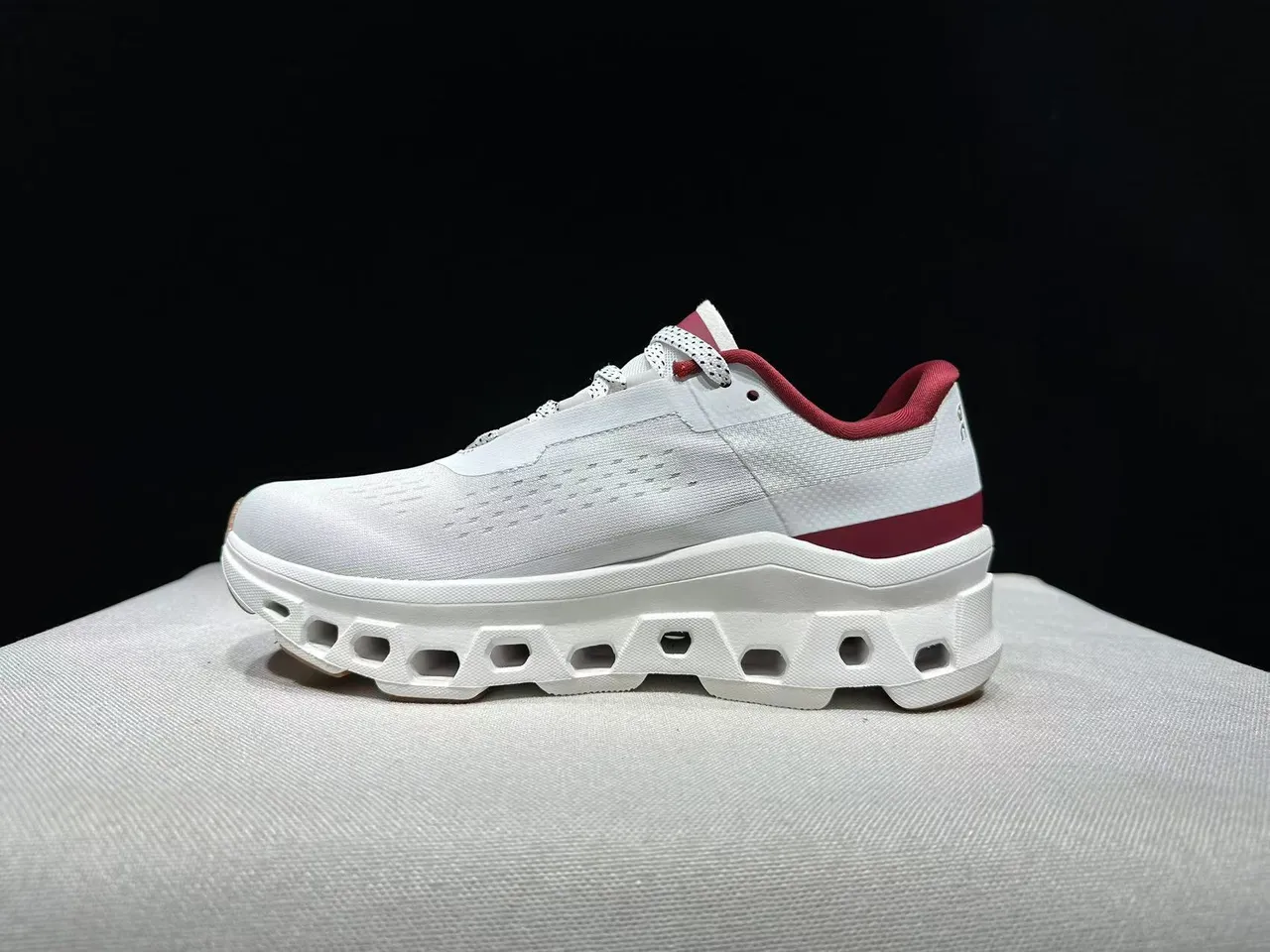 On Cloudmonster White Maroon Gold Running Shoes 9