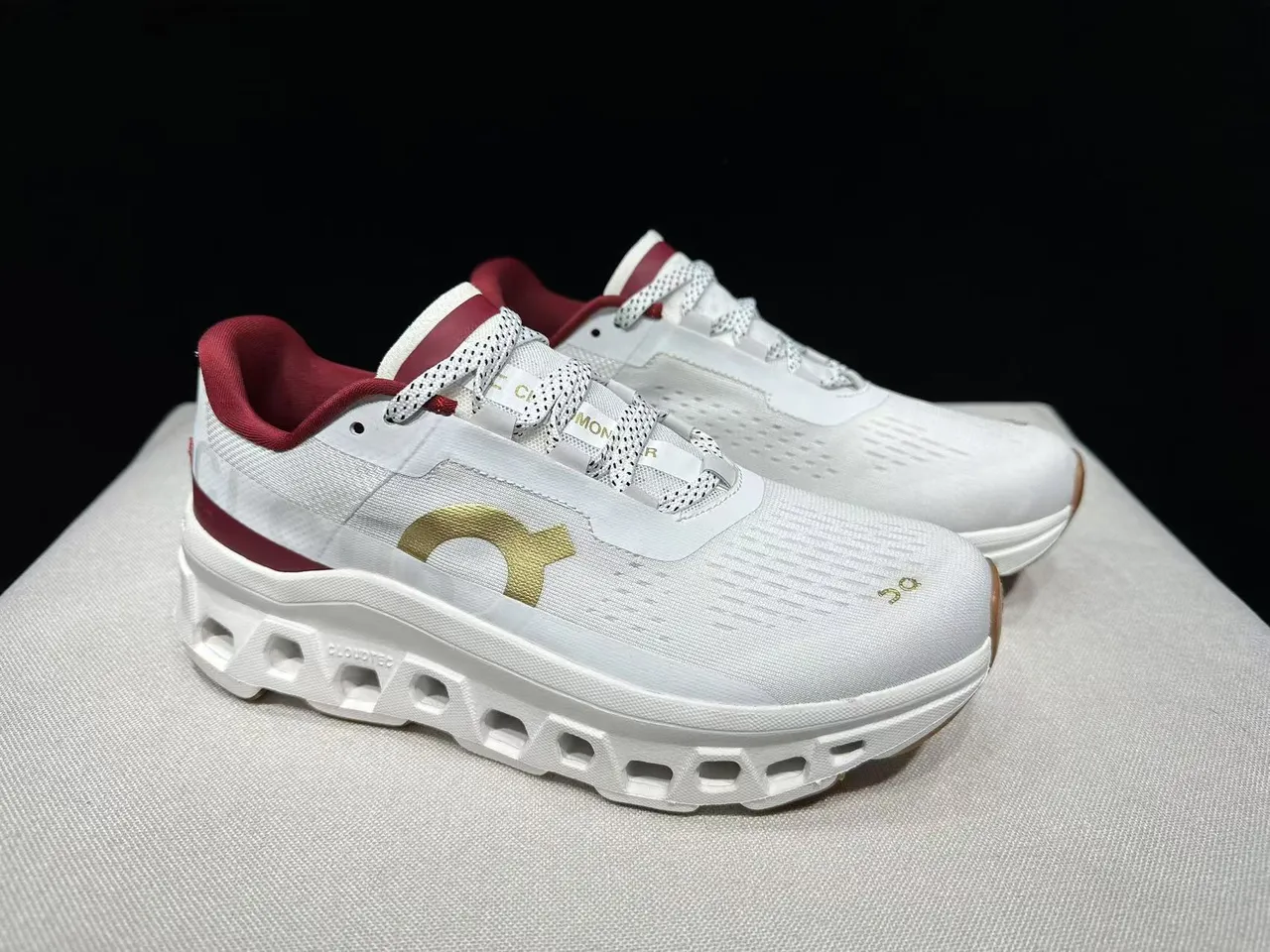 On Cloudmonster White Maroon Gold Running Shoes 10