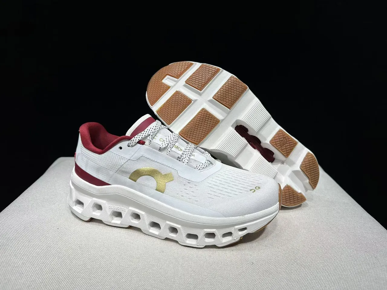 On Cloudmonster White Maroon Gold Running Shoes 11