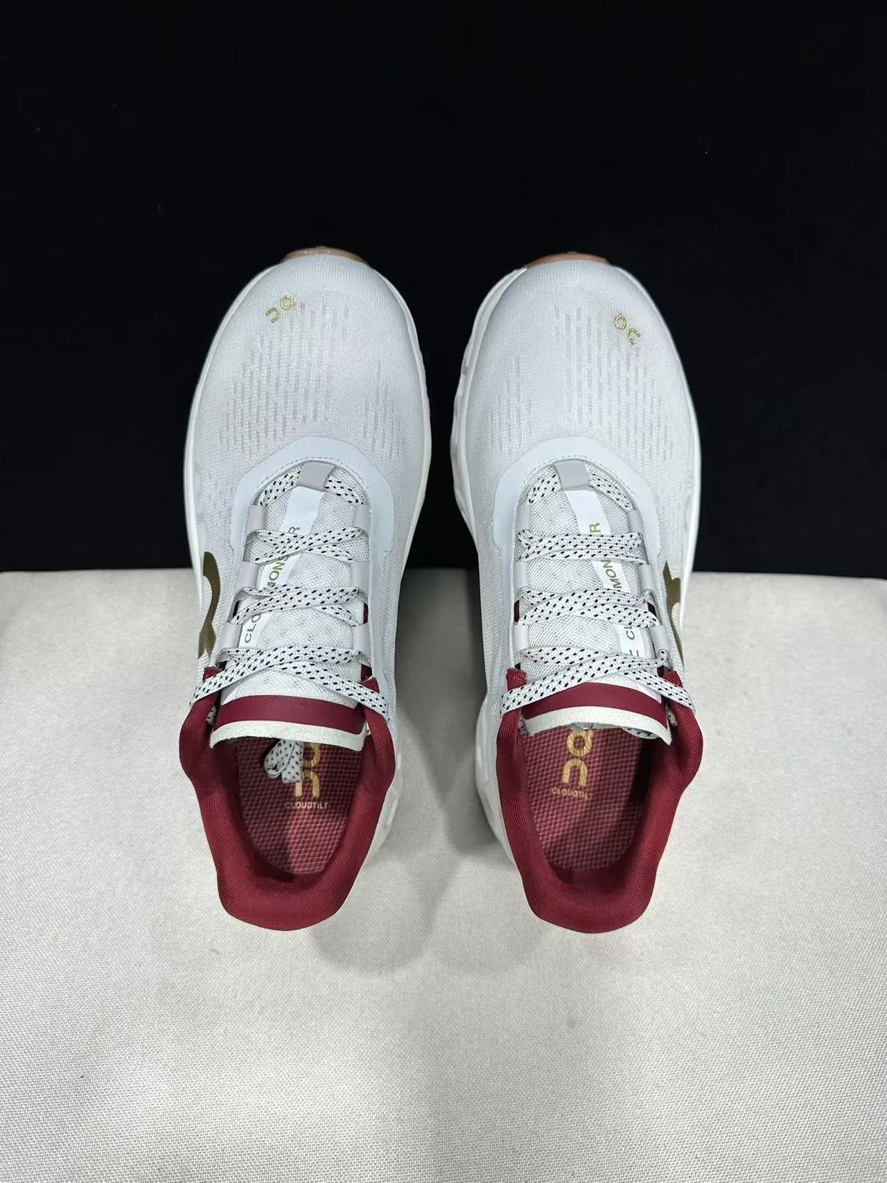 On Cloudmonster White Maroon Gold Running Shoes 12