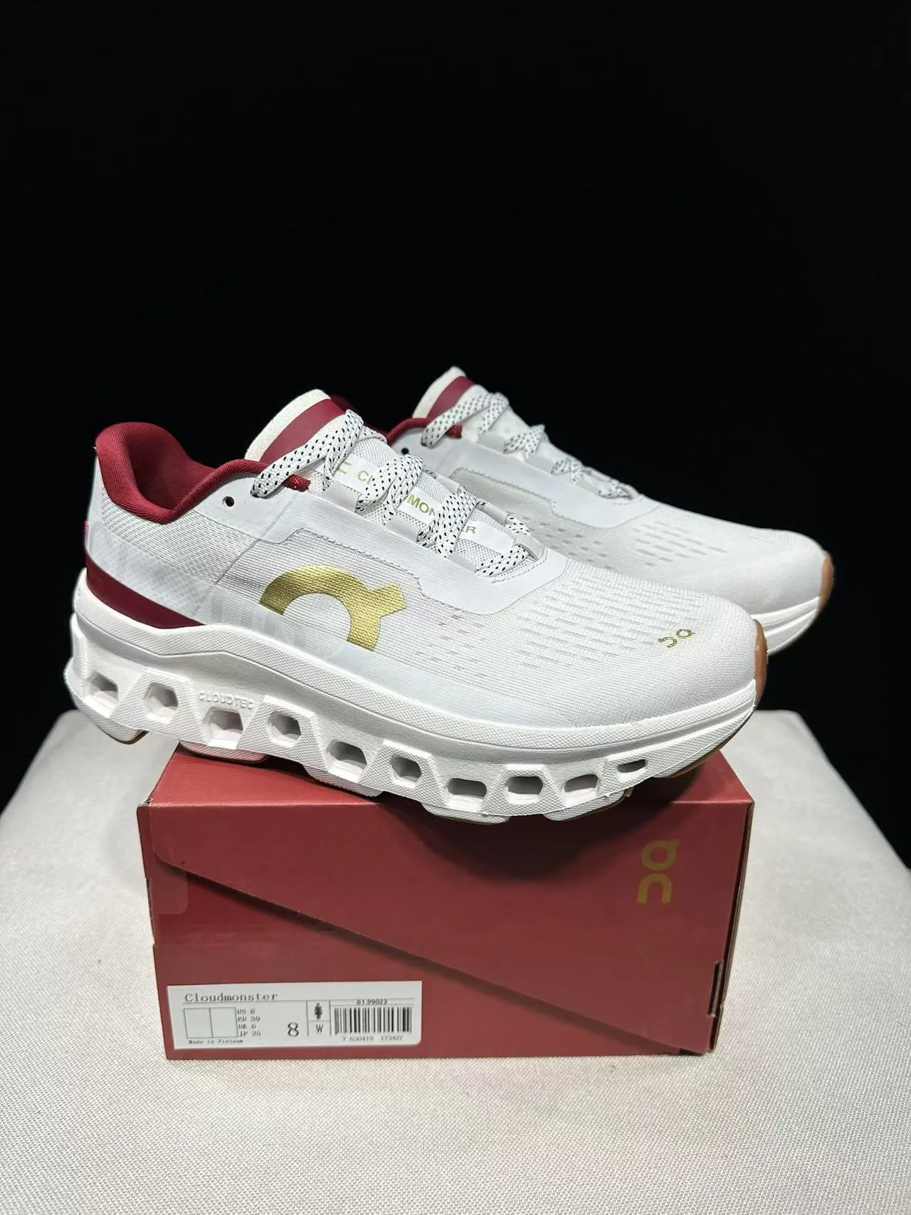 On Cloudmonster White Maroon Gold Running Shoes 13