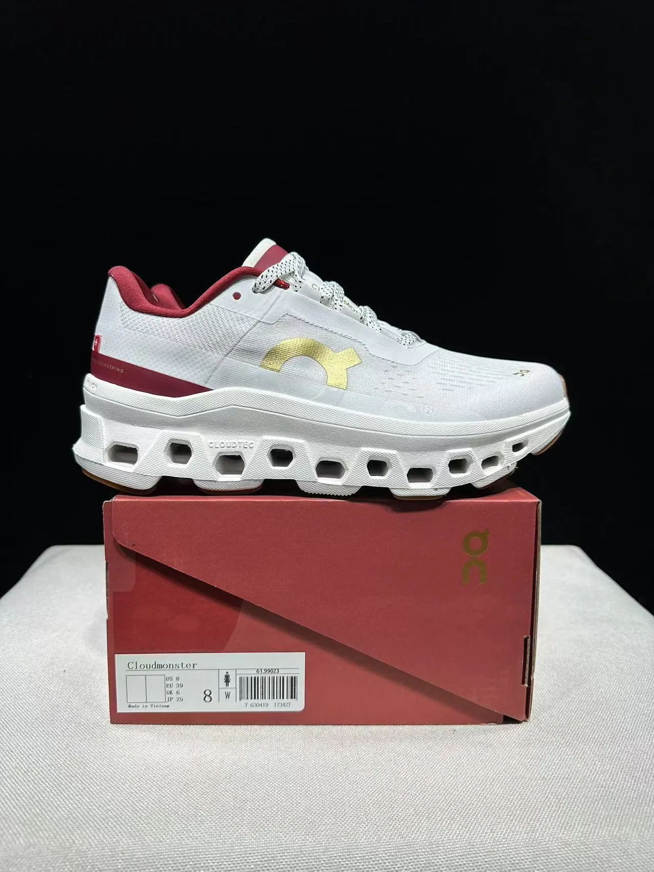 On Cloudmonster White Maroon Gold Running Shoes 14