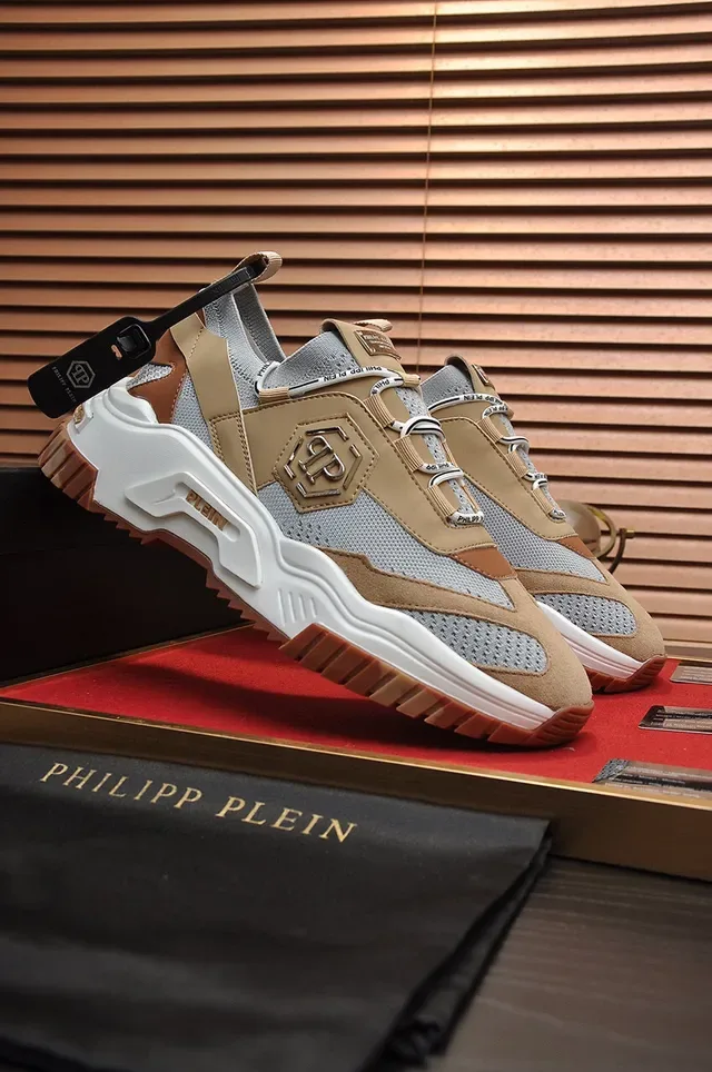 Philipp Plein Active حذاء رياضي سميك بيج و رمادي و بني 8